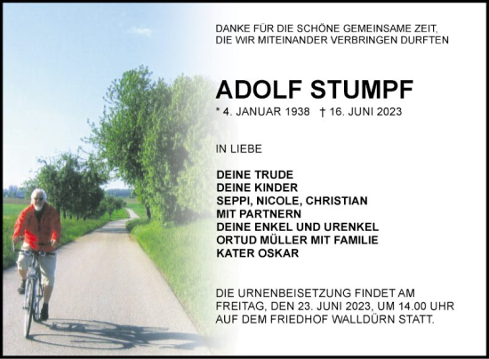 Traueranzeige von Adolf Stumpf von Fränkische Nachrichten