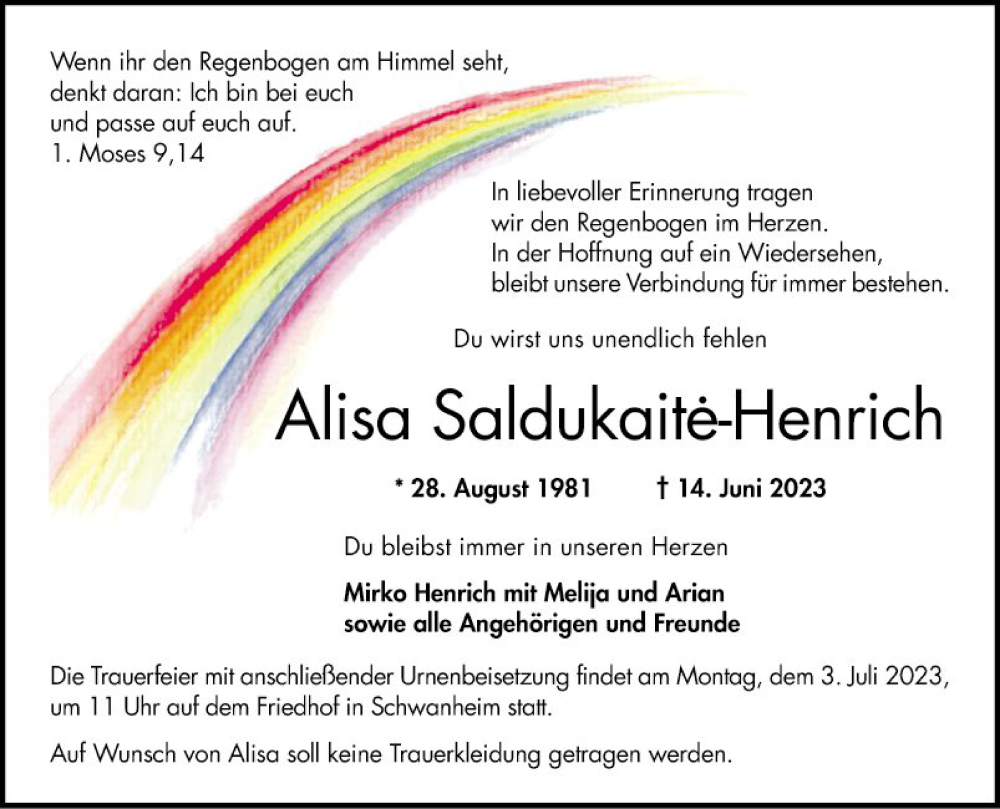  Traueranzeige für Alisa Saldukaite-Henrich vom 24.06.2023 aus Bergsträßer Anzeiger