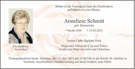 Traueranzeige von Anneliese Schmitt von Fränkische Nachrichten