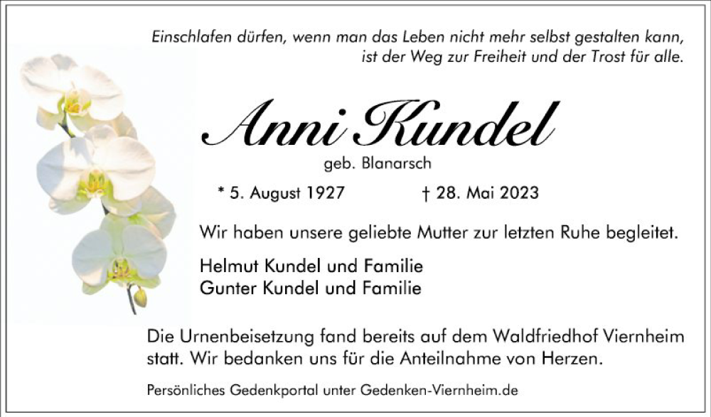  Traueranzeige für Anni Kundel vom 17.06.2023 aus Mannheimer Morgen