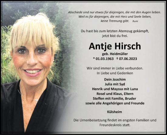 Traueranzeige von Antje Hirsch von Fränkische Nachrichten