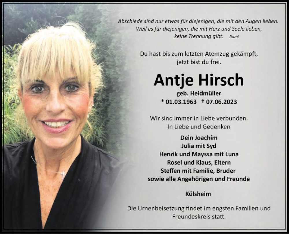  Traueranzeige für Antje Hirsch vom 24.06.2023 aus Fränkische Nachrichten