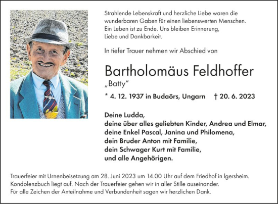 Traueranzeige von Bartholomäus Feldhoffer von Fränkische Nachrichten