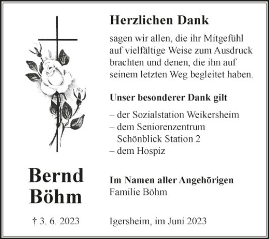 Traueranzeige von Bernd Böhm von Fränkische Nachrichten