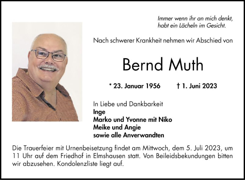  Traueranzeige für Bernd Muth vom 01.07.2023 aus Bergsträßer Anzeiger