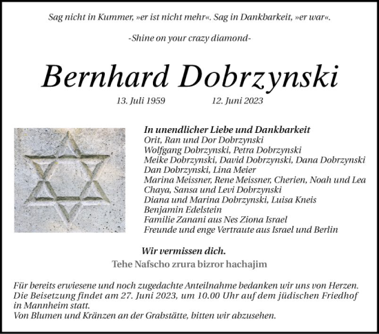 Traueranzeige von Bernhard Dobrzynski von Mannheimer Morgen