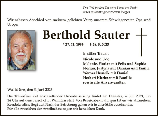 Traueranzeige von Berthold Sauter von Fränkische Nachrichten