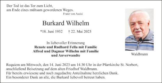 Traueranzeige von Burkard Wilhelm von Fränkische Nachrichten