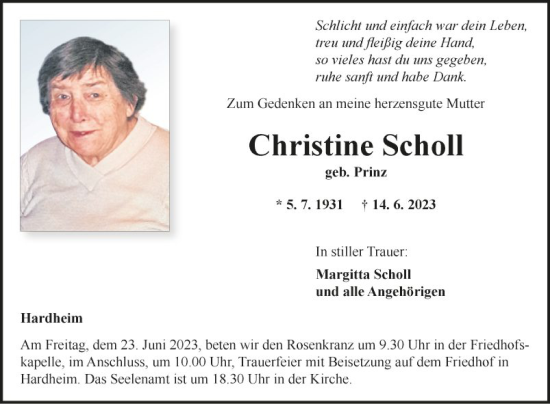 Traueranzeige von Christine Scholl von Fränkische Nachrichten