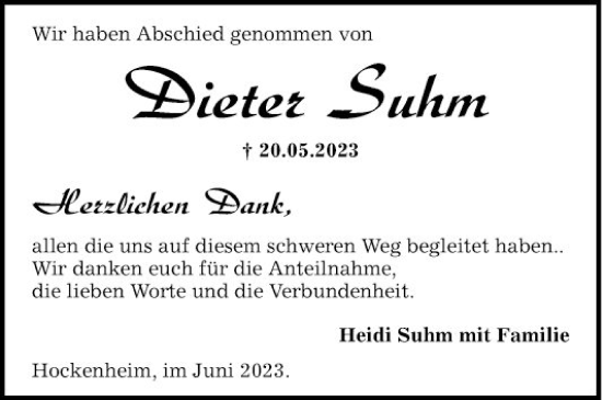 Traueranzeige von Dieter Suhm von Schwetzinger Zeitung