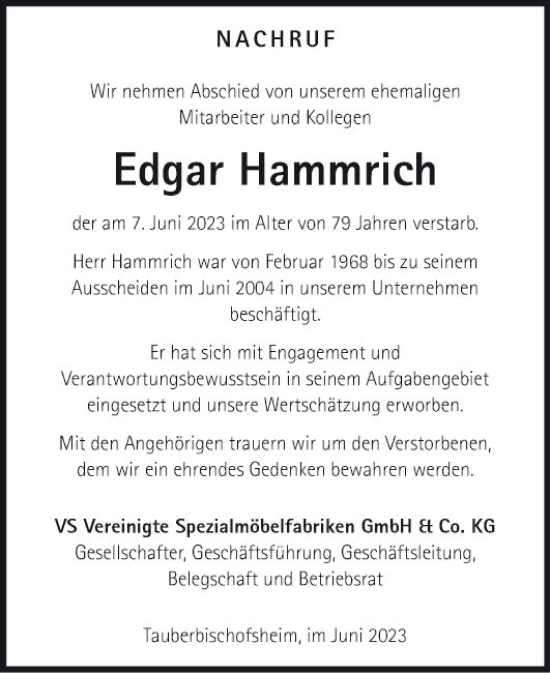 Traueranzeige von Edgar Hammrich von Fränkische Nachrichten