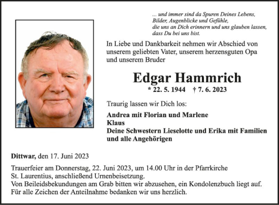 Traueranzeige von Edgar Hammrich von Fränkische Nachrichten