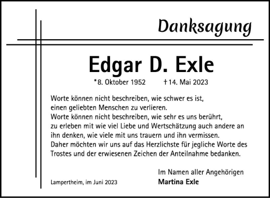 Traueranzeige von Edgar D. Exle von Mannheimer Morgen