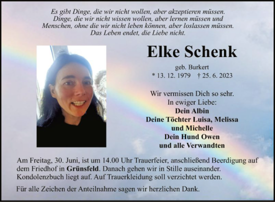 Traueranzeige von Elke Schenk von Fränkische Nachrichten