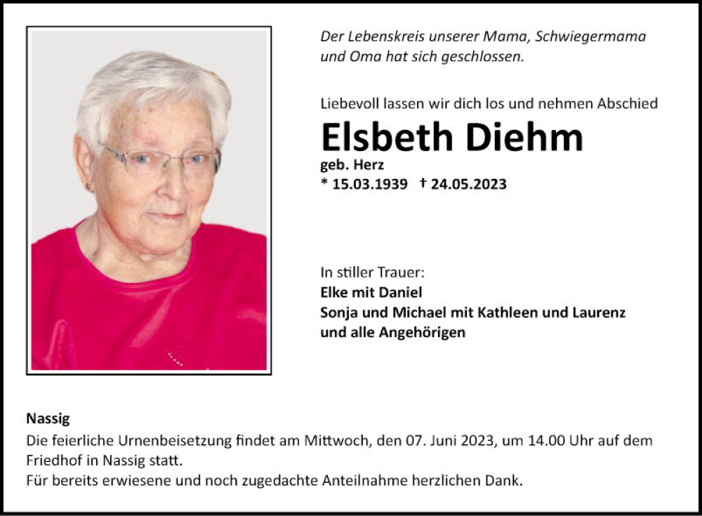  Traueranzeige für Elsbeth Diehm vom 02.06.2023 aus Fränkische Nachrichten