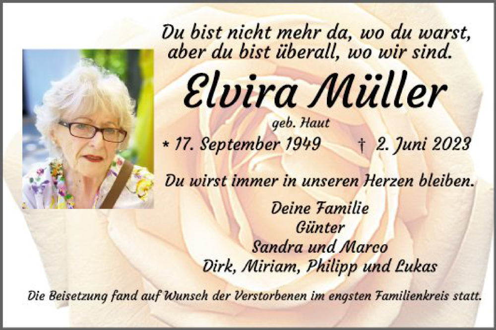  Traueranzeige für Elvira Müller vom 24.06.2023 aus Mannheimer Morgen
