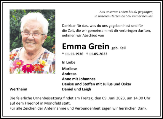 Traueranzeige von Emma Grein von Fränkische Nachrichten