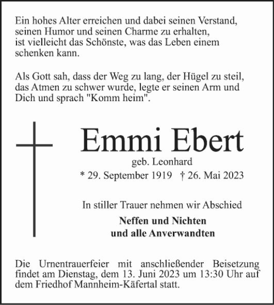 Traueranzeige von Emmi Ebert von Mannheimer Morgen