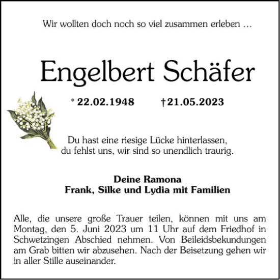 Traueranzeige von Engelbert Schäfer von Schwetzinger Zeitung
