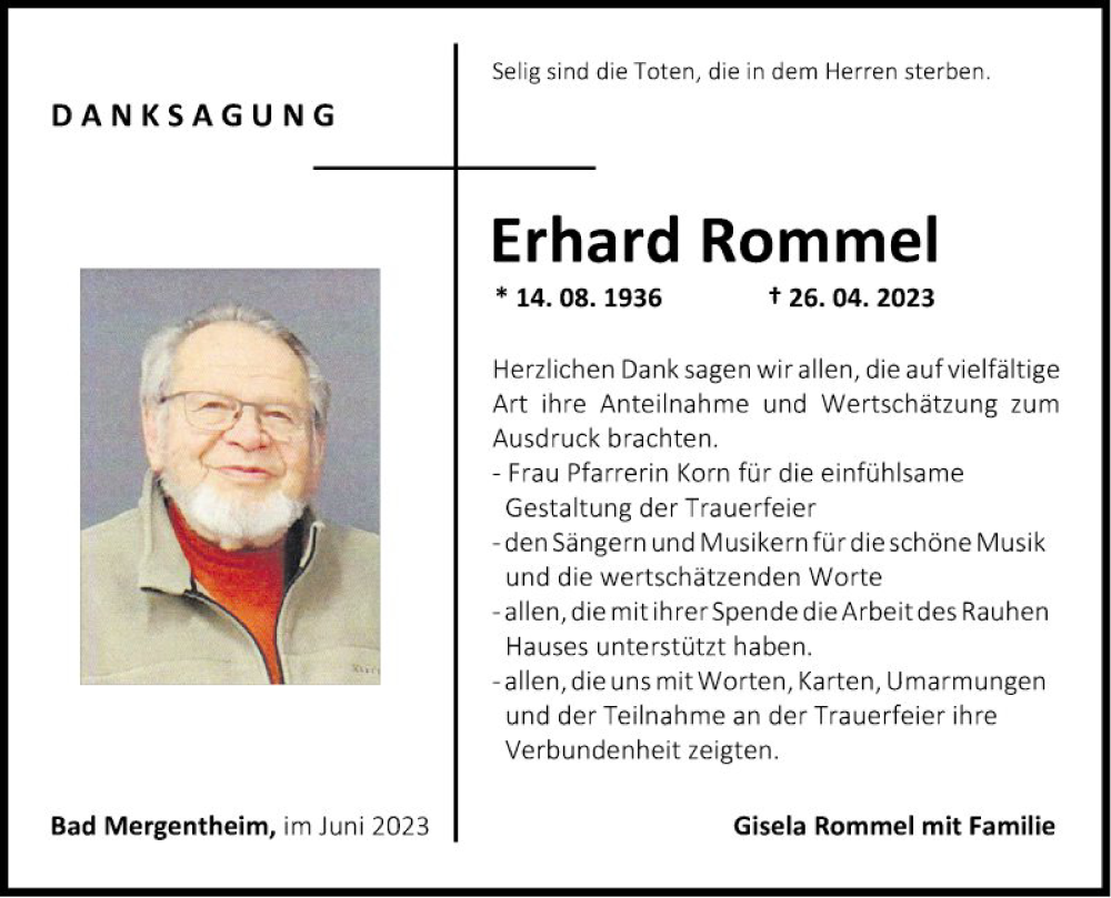  Traueranzeige für Erhard Rommel vom 03.06.2023 aus Fränkische Nachrichten