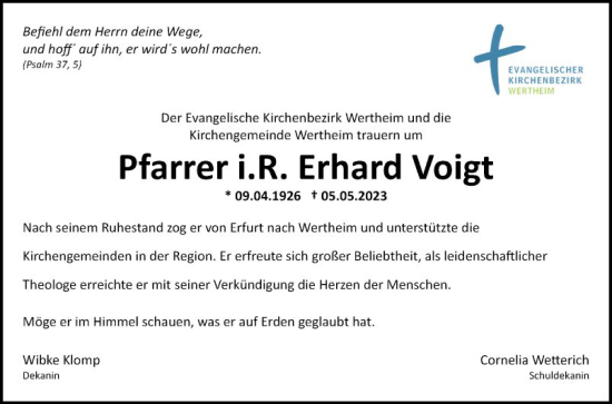 Traueranzeige von Erhard Voigt von Fränkische Nachrichten