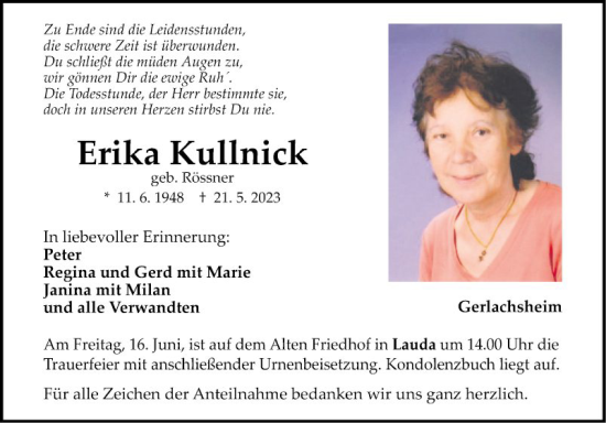 Traueranzeige von Erika Kulinick von Fränkische Nachrichten