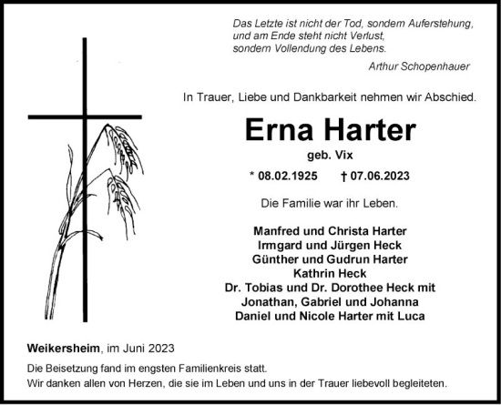 Traueranzeige von Erna Harter von Fränkische Nachrichten