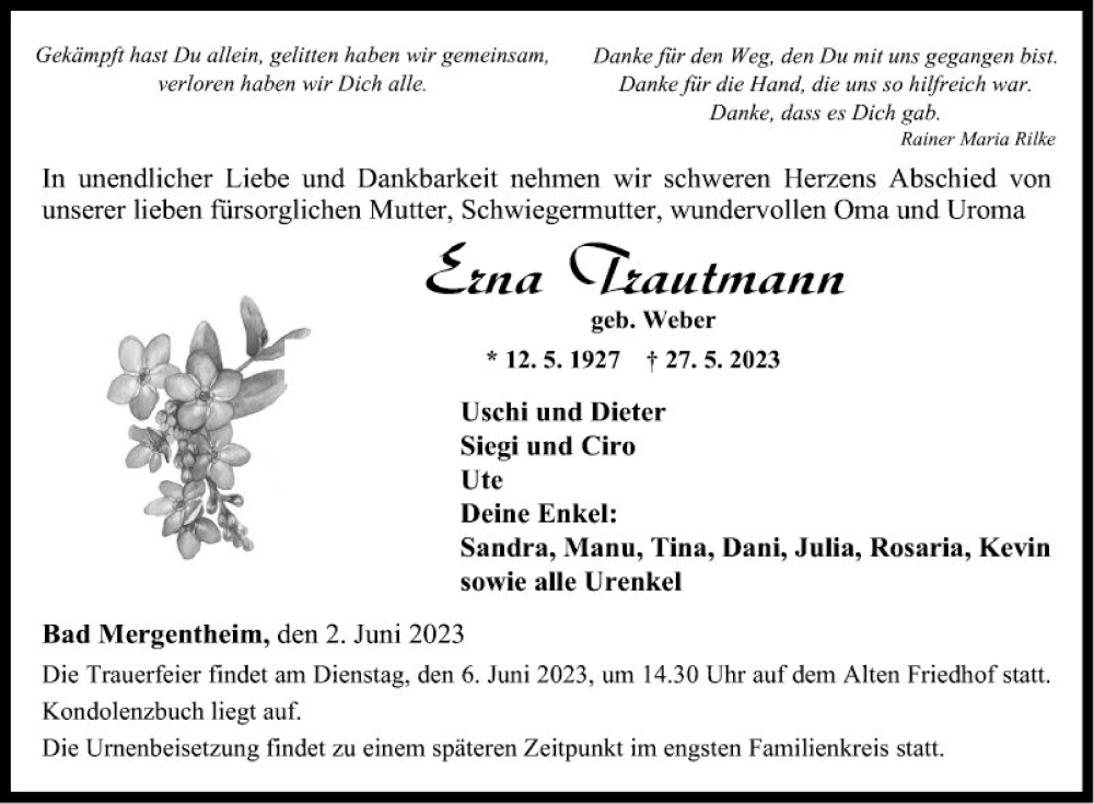  Traueranzeige für Erna Trautmann vom 02.06.2023 aus Fränkische Nachrichten