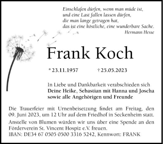 Traueranzeige von Frank Koch von Mannheimer Morgen