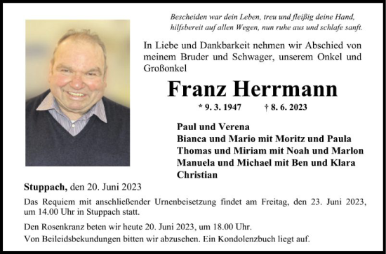 Traueranzeige von Franz Herrmann von Fränkische Nachrichten