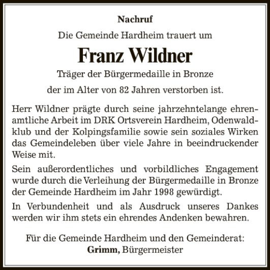 Traueranzeige von Franz Wildner von Fränkische Nachrichten