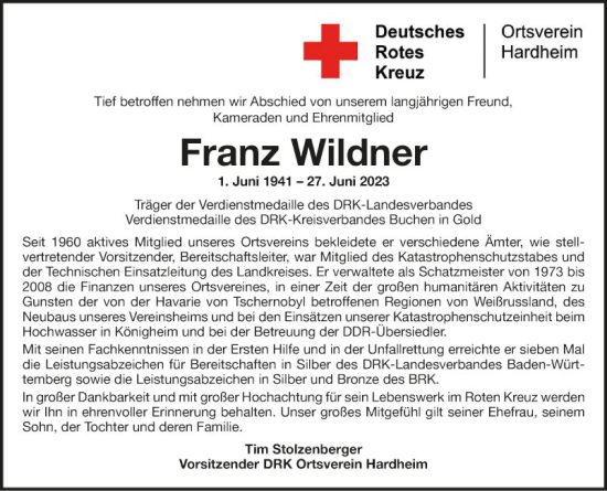 Traueranzeige von Franz Wildner von Fränkische Nachrichten