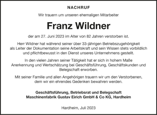 Traueranzeige von Franz Wildner von Fränkische Nachrichten