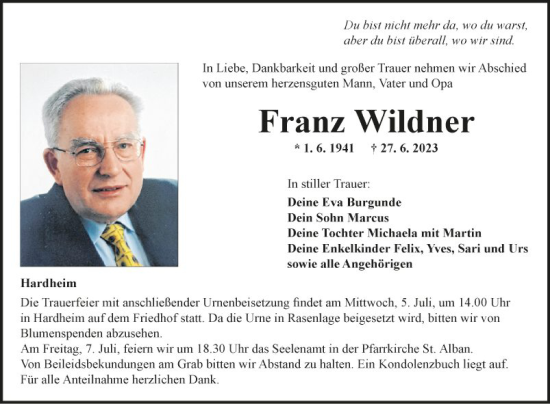 Traueranzeige von Franz Wildner von Fränkische Nachrichten