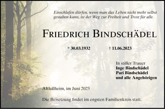 Traueranzeige von Friedrich Bindschädel von Schwetzinger Zeitung