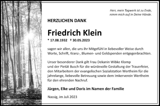 Traueranzeige von Friedrich Klein von Fränkische Nachrichten