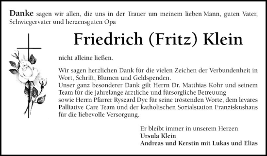 Traueranzeige von Friedrich Klein von Mannheimer Morgen