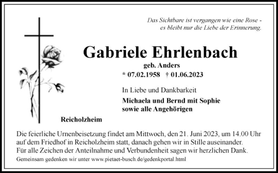 Traueranzeige von Gabriele Ehrlenbach von Fränkische Nachrichten