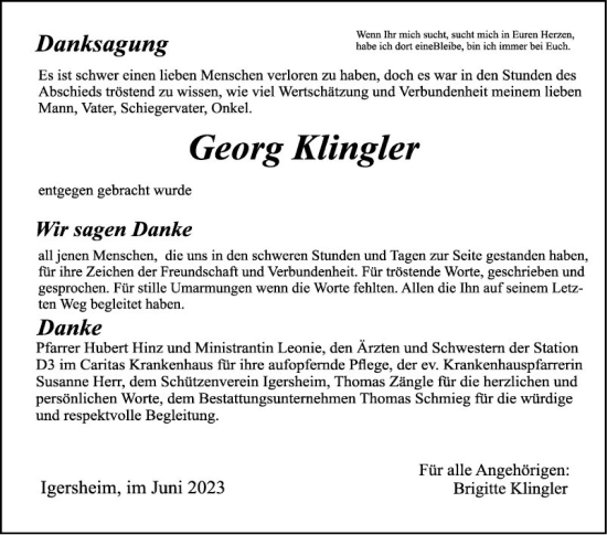 Traueranzeige von Georg Klingler von Fränkische Nachrichten