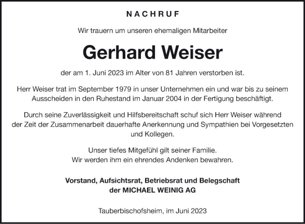  Traueranzeige für Gerhard Weiser vom 14.06.2023 aus Fränkische Nachrichten