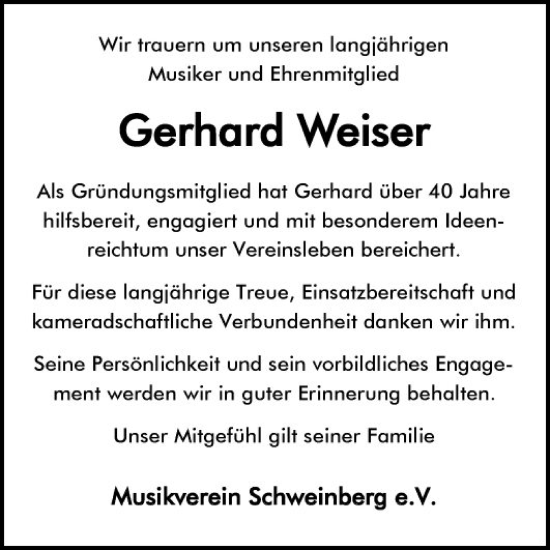 Traueranzeige von Gerhard Weiser von Fränkische Nachrichten