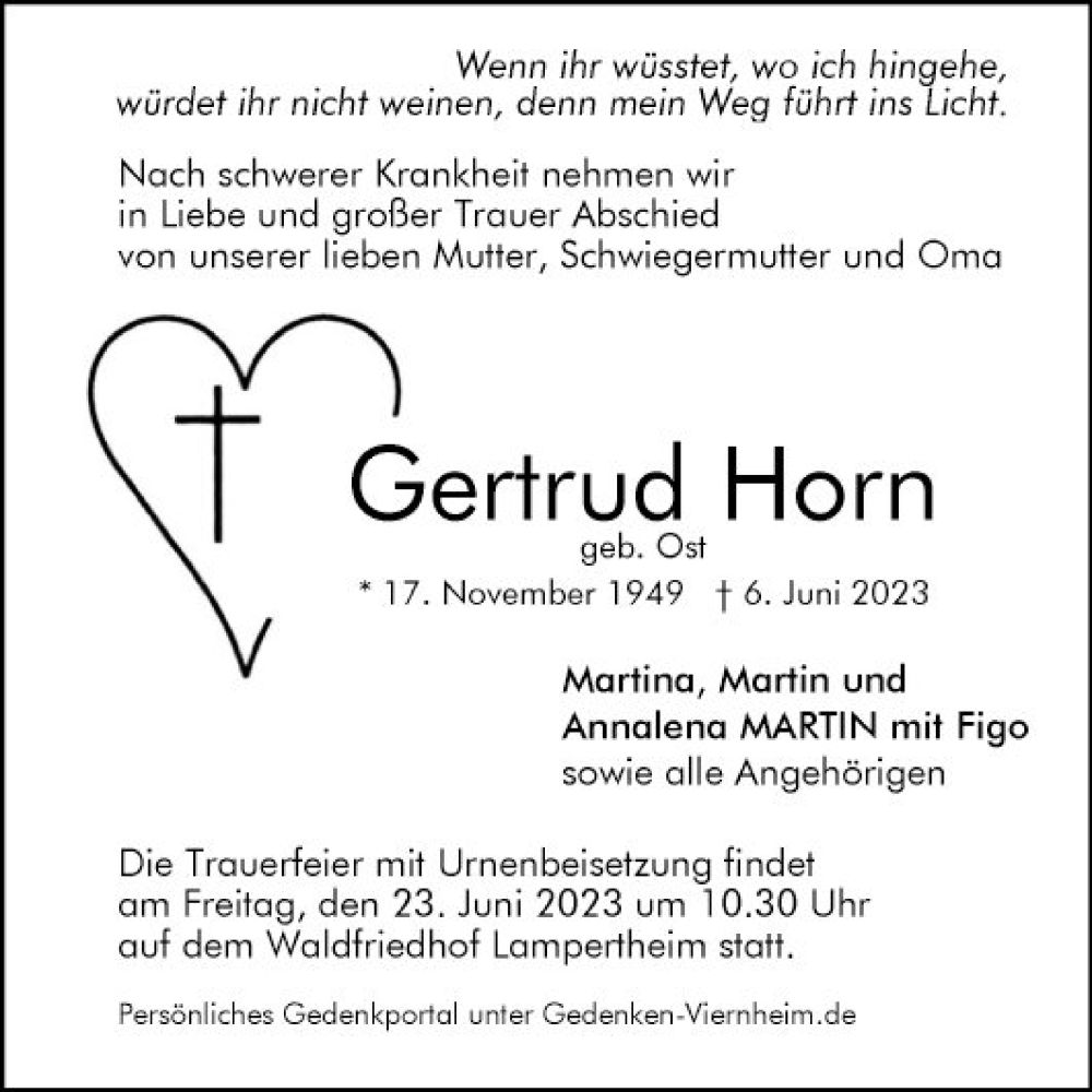  Traueranzeige für Gertrud Horn vom 17.06.2023 aus Mannheimer Morgen