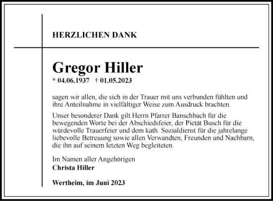 Traueranzeige von Gregor Hiller von Fränkische Nachrichten