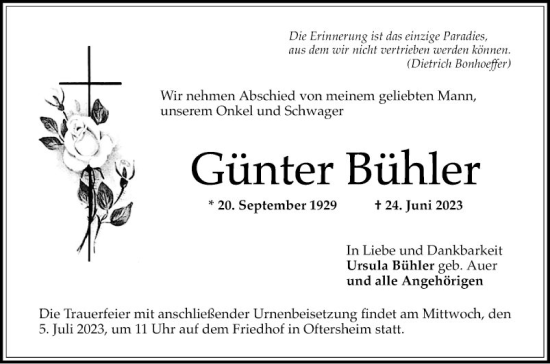 Traueranzeige von Günter Bühler von Schwetzinger Zeitung