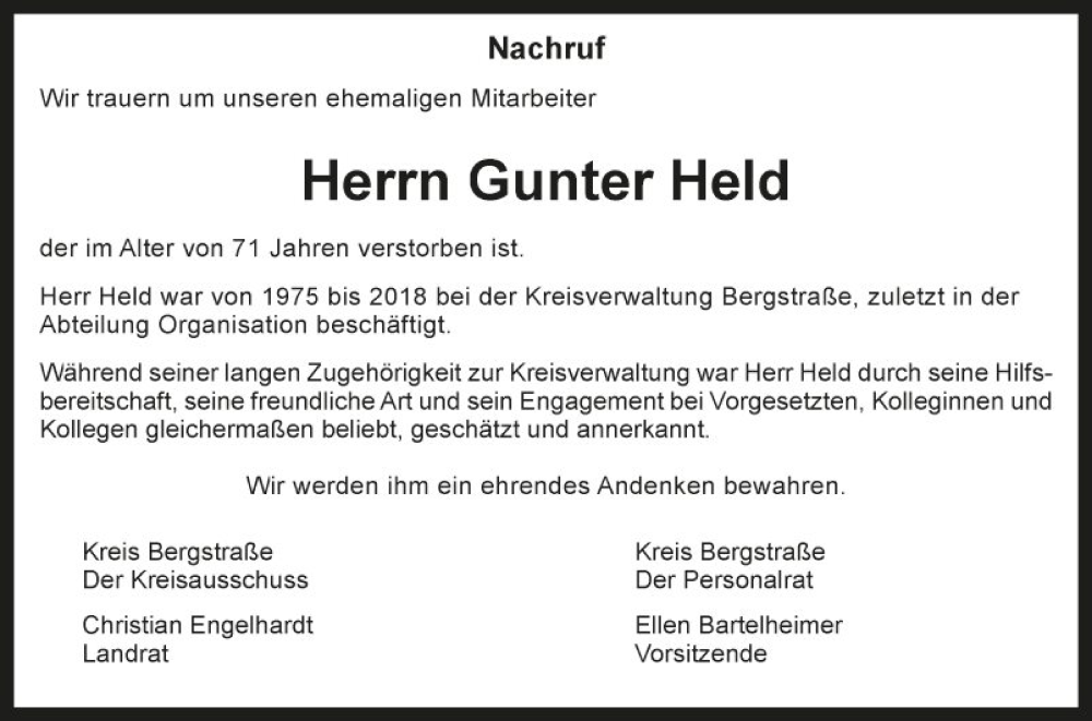  Traueranzeige für Gunter Held vom 02.06.2023 aus Bergsträßer Anzeiger