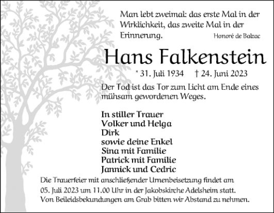 Traueranzeige von Hans Falkenstein von Fränkische Nachrichten