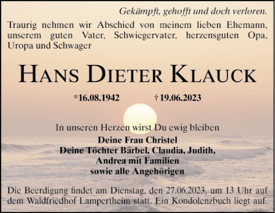 Traueranzeige von Hans Klauck von Mannheimer Morgen