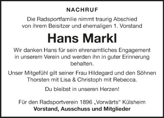 Traueranzeige von Hans Markl von Fränkische Nachrichten