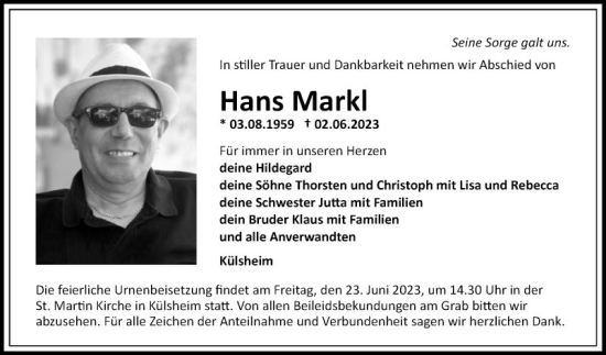 Traueranzeige von Hans Markl von Fränkische Nachrichten