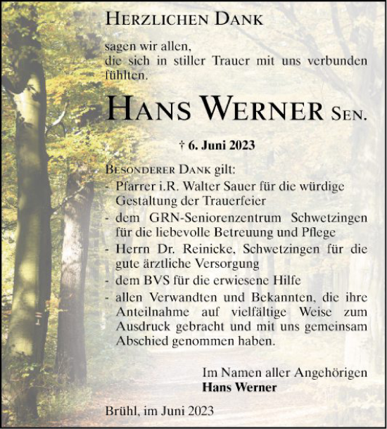 Traueranzeige von Hans Werner sen. von Schwetzinger Zeitung